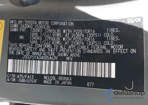 2004 Toyota Highlander V6 from USA, damaged, VIN JTEEP21A340054639